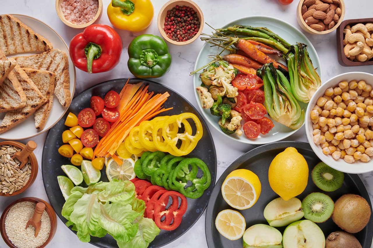 Vegan protein source. Buddha bowl dish, avocado, pepper, tomato,