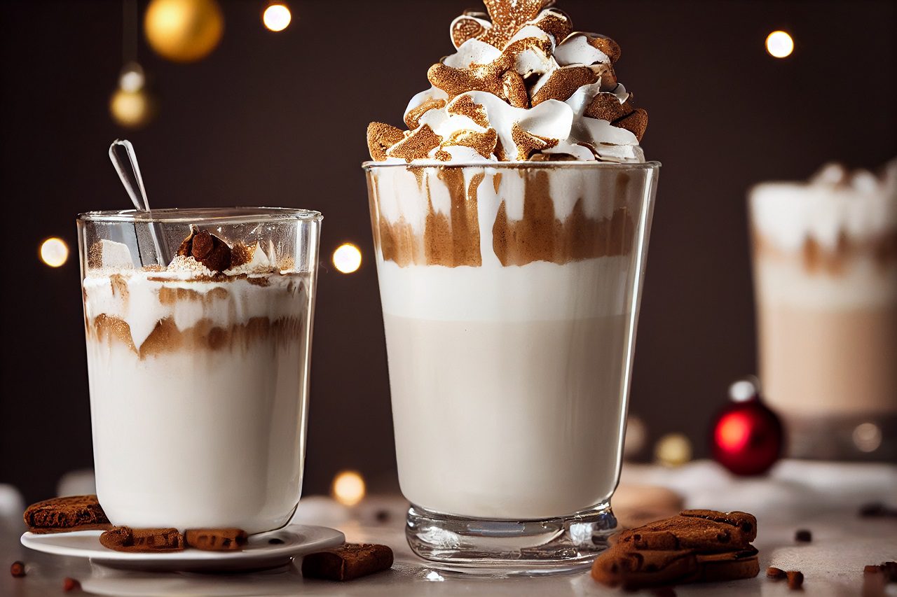 Cup of gingerbread latte in glass, whipped cream, side view, christmas ornaments, christmas mood
