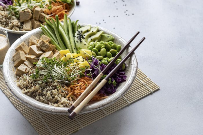 Vegan poke bowl with marinated tofu photography