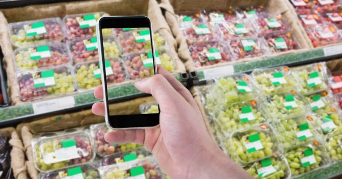 Digital composite of Hand taking picture of grocery through smart phone